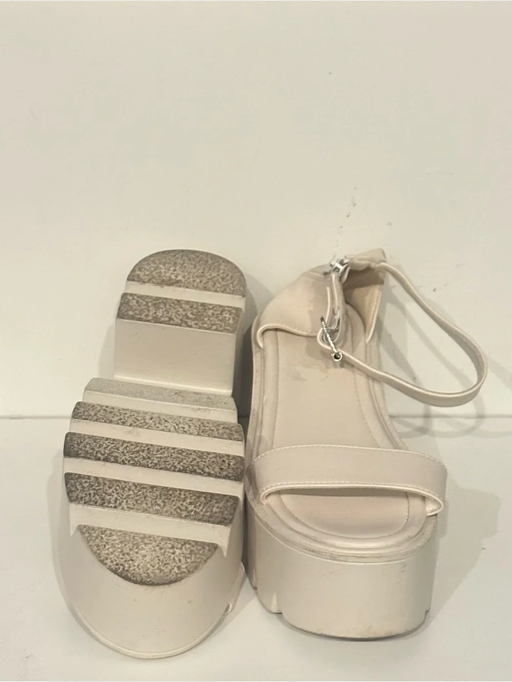 Women White Chunky Platform Lug Sole Sandals Ankle Strap Zipper Block Heel Sz:10